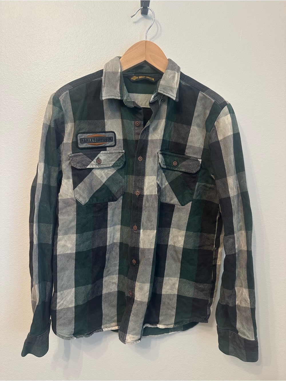 Harley-Davidson Men's Black & Green Plaid Flannel Button Up Shirt Jacket
